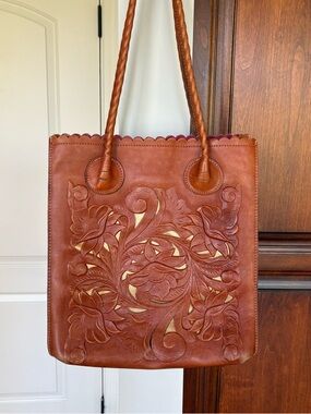 Patricia Nash Brown Tooled Floral Leather Tote with Gold Accents